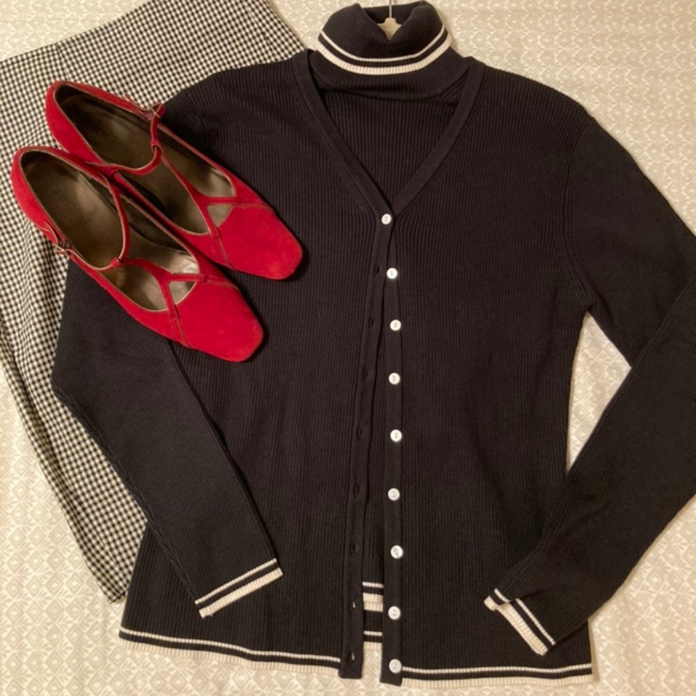 NWT Black Silk Blend Cardigan Set With Off-white Trim Size M